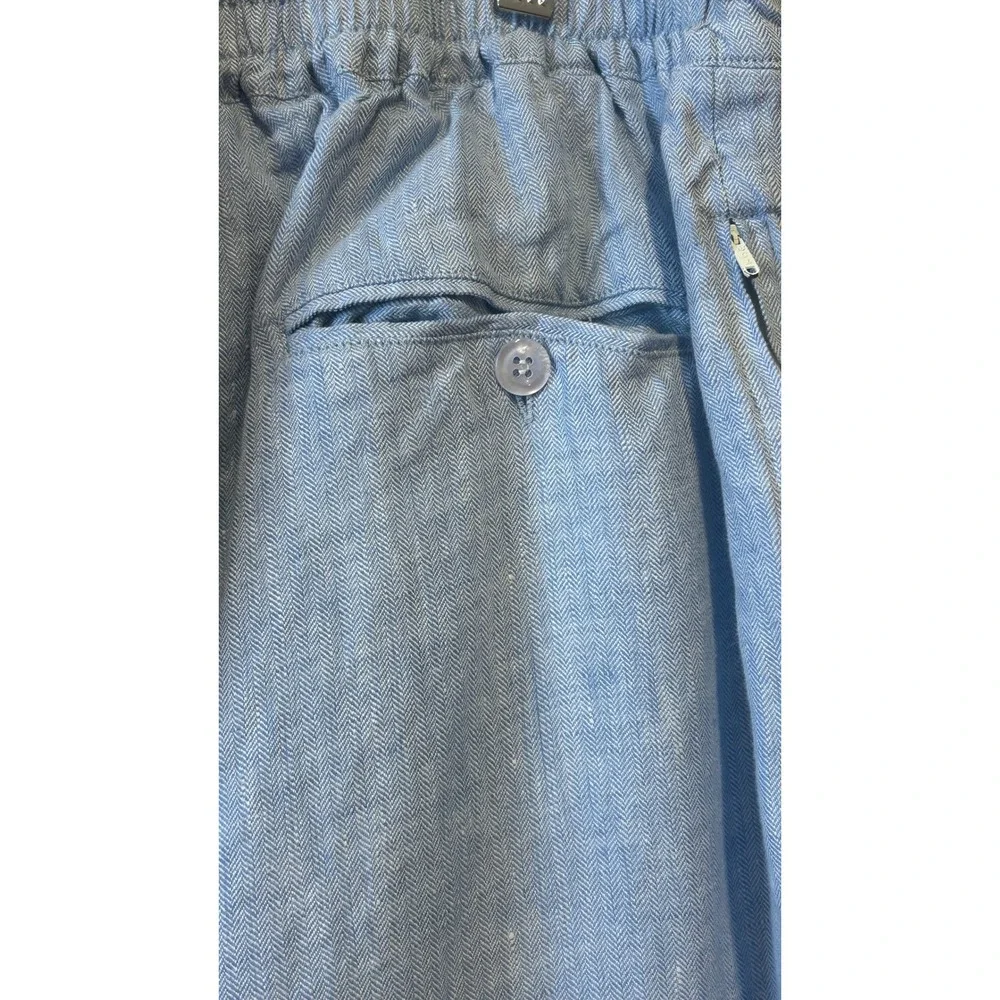 Mens Organic Linen Jogger Pants Size XL Light Blue Herringbone Drawstring Beach